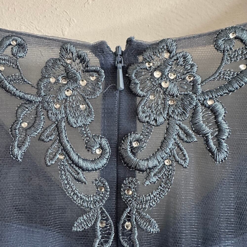 Oleg Cassini Steel Blue Chiffon & Lace Empire Waist Beaded Gown - Picture 9 of 10